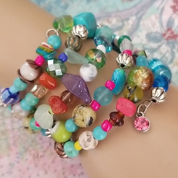 NWT Hand Crafted Semi Precious  Stone Glass Vintage Bead Wrap Bracelet - Picture 15 of 16